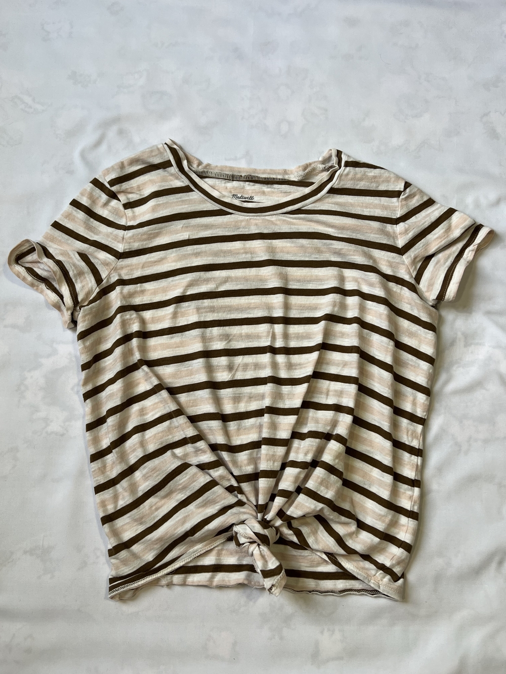 Madewell Cream & Brown Striped Knot Front Tee
